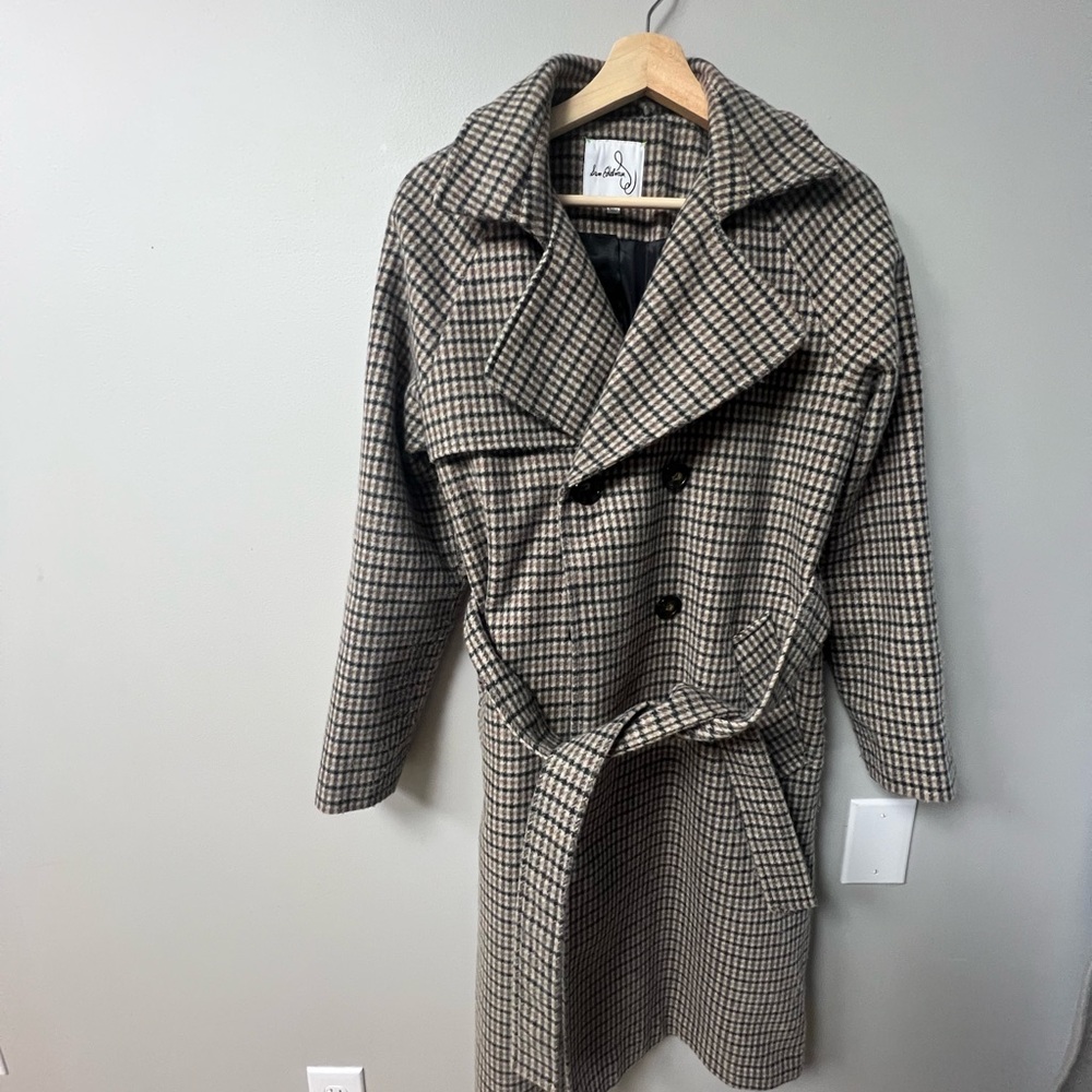 Sam Edelman Black and Cream Trench Coat with Houndstooth Pattern and Belt